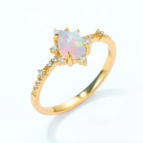 925 Sterling Silver Opal Stacking Gold Plated Ring, Engagement Ring - Picture 3 of 5
